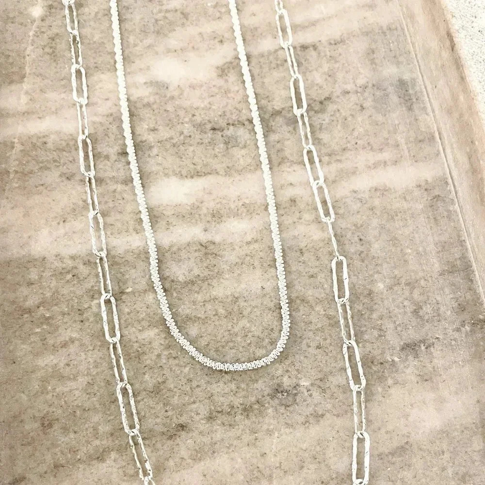 925 Sterling Silver Sequin Shiny Necklace Paperclip Chain Link Necklace - Picture 2 of 3